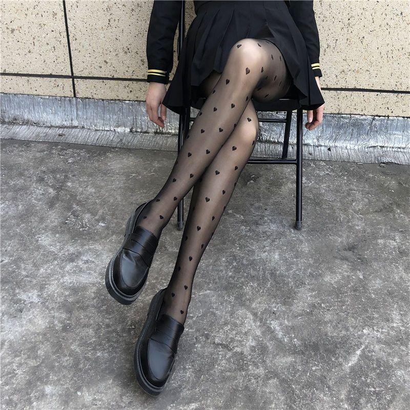 Japanese Black Silk Pattern Polka Dot Love Jacquard Pantyhose - JK Lolita Style