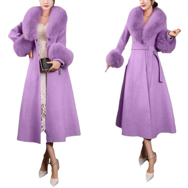 Autumn and winter new high-end imitation fox fur collar fur coat woolen coat thin large size long cotton clothes