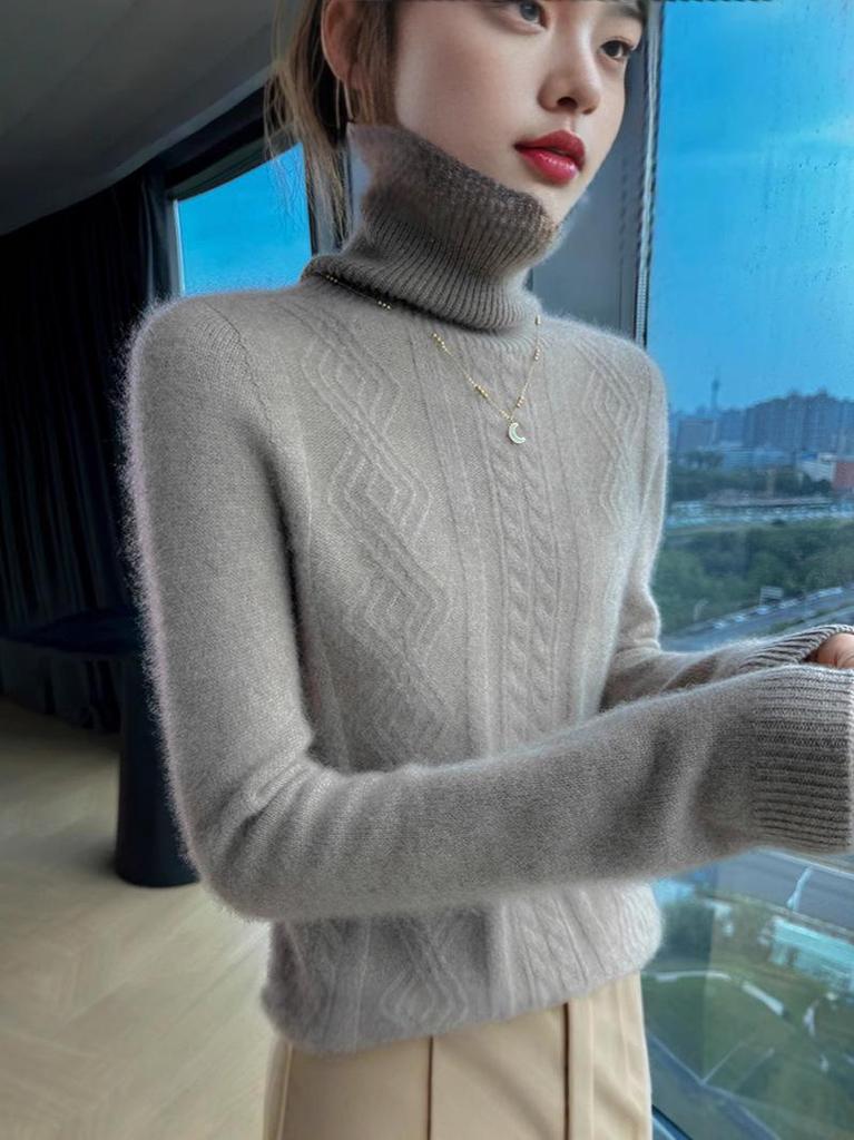 Women's High Neck Cable Knit Wool Sweater - Slimming Long Sleeve Cashmere Top
