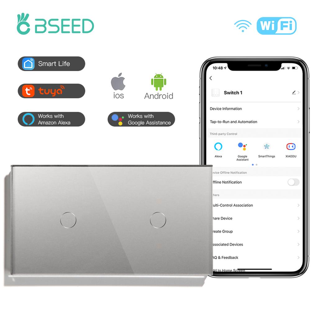 BSEED Wifi Smart Touch Switches 1/2/3Way For Stairs Plus Normal EU Wall Sockets Tuya Smart Life Alice App Control Gray Series