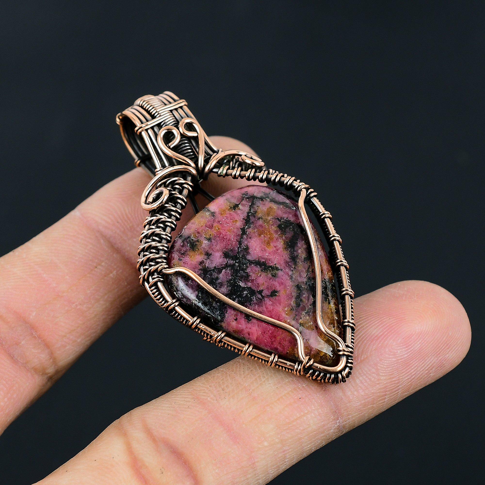 Natural Rhodonite Crystal Copper Wire Wrap Pendant Unique Handcrafted Boho Stone Jewelry