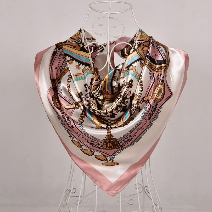 New Style Female Satin Red Big Square Silk Scarf Printed, Women Coffee Silk Scarf Hijab Wraps For Summer,Autumn 90*90cm