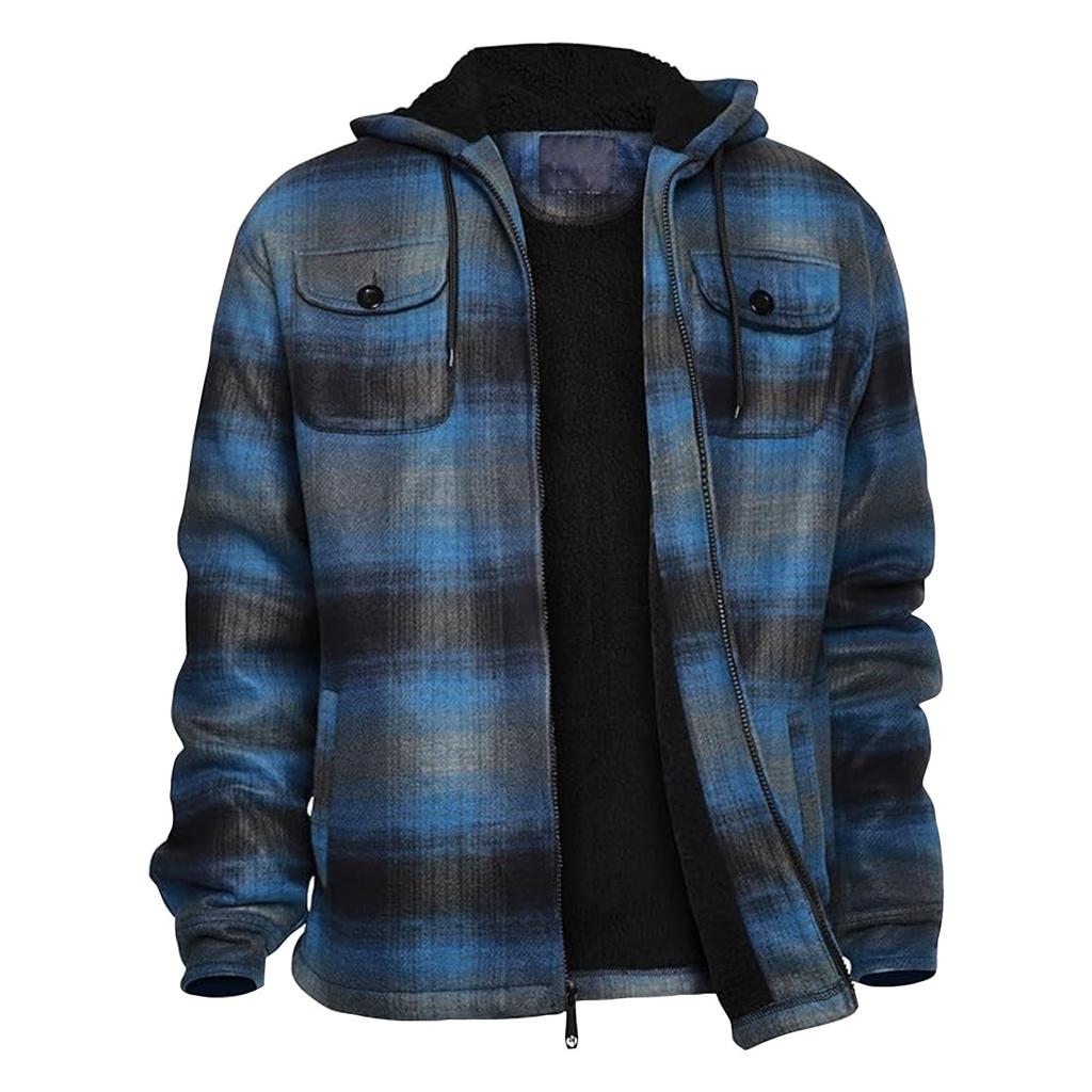 Men's Plaid Long Sleeve Shirt Men's Pocket Button Hooded Sweatshirt
