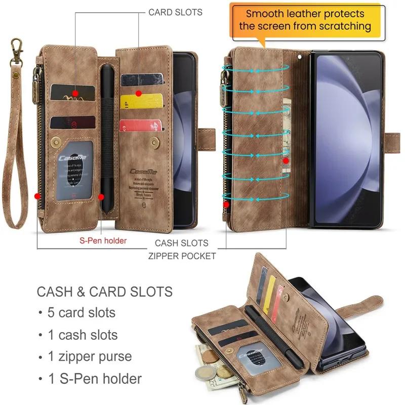 Lanyard Leather Zipper Wallet Card Phone Case For Samsung Galaxy Z Fold 7 6 5 4 Fold6 Fold5 Fold4 Purse Flip Stand Cover
