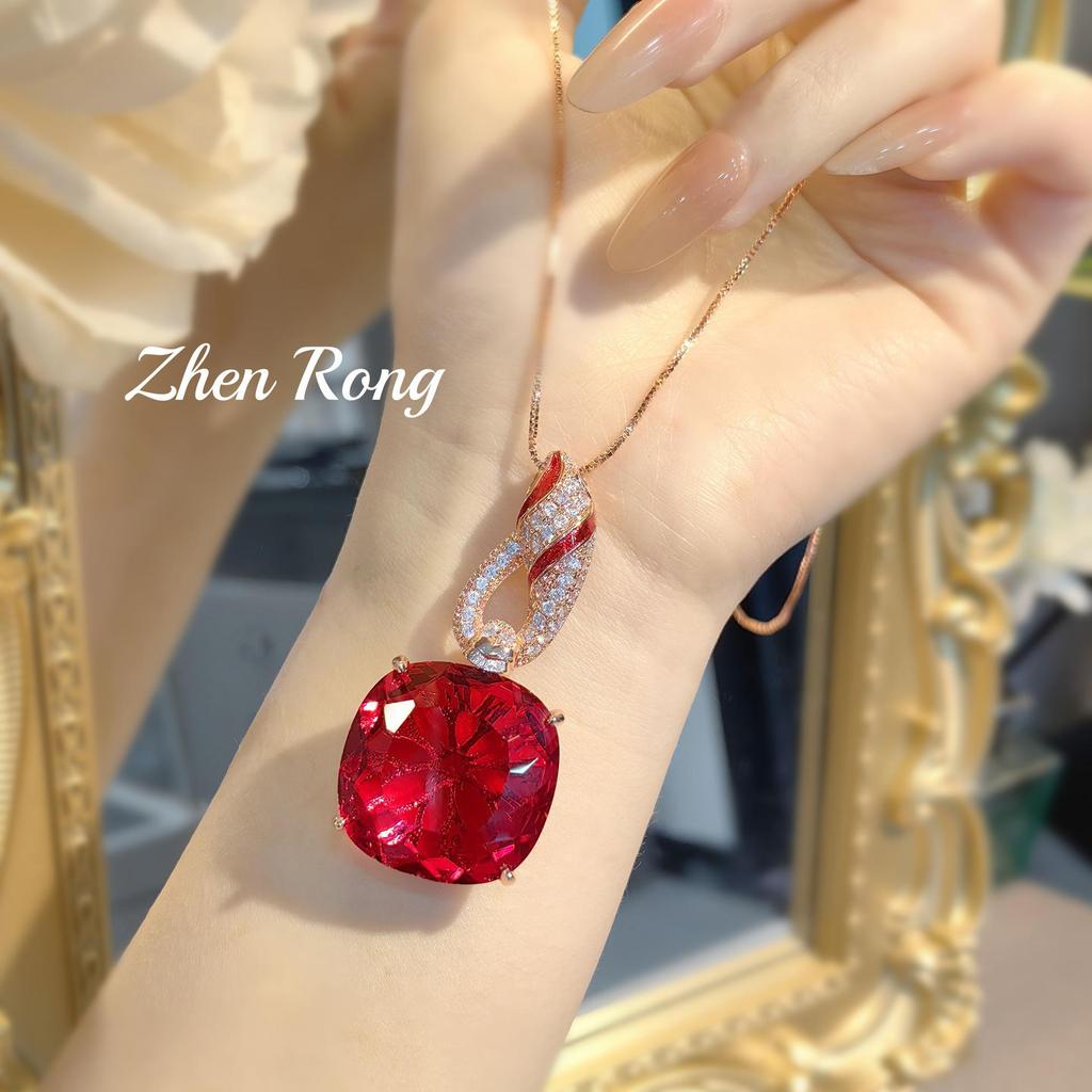 European & American Luxury Royal Blue Pendant Necklace with Emerald & Pigeon Blood Red Gemstones for Women