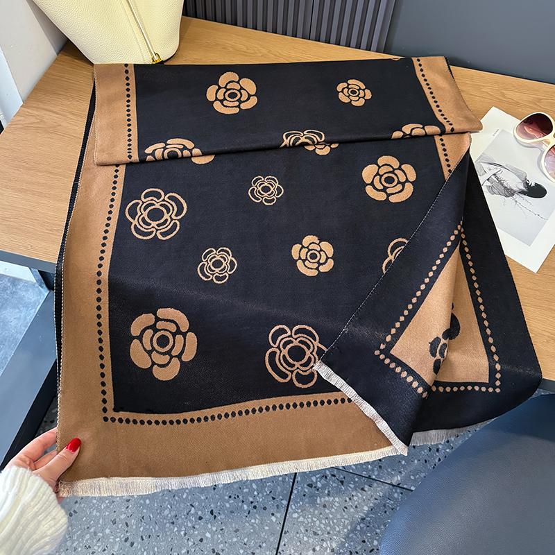 New Camellia Flower Cashmere Scarf Women Winter Shawl Warm Neckerchief Print Thick Blanket Poncho Bufanda Bandana Lady Headscarf