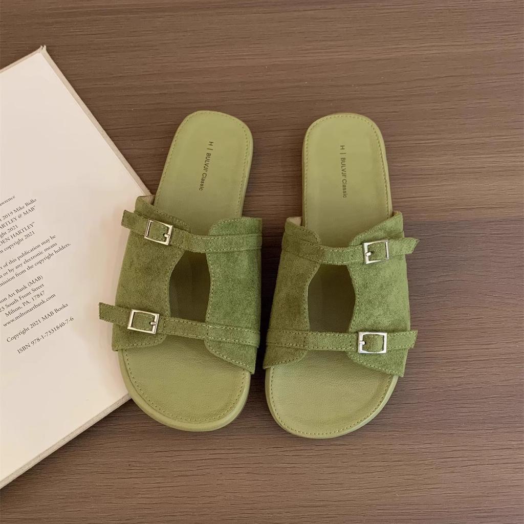 Korean Version of Silver Slippers Women's Summer Wear New French Retro One-word Sandals Holiday Seaside Beach Flat Sandals