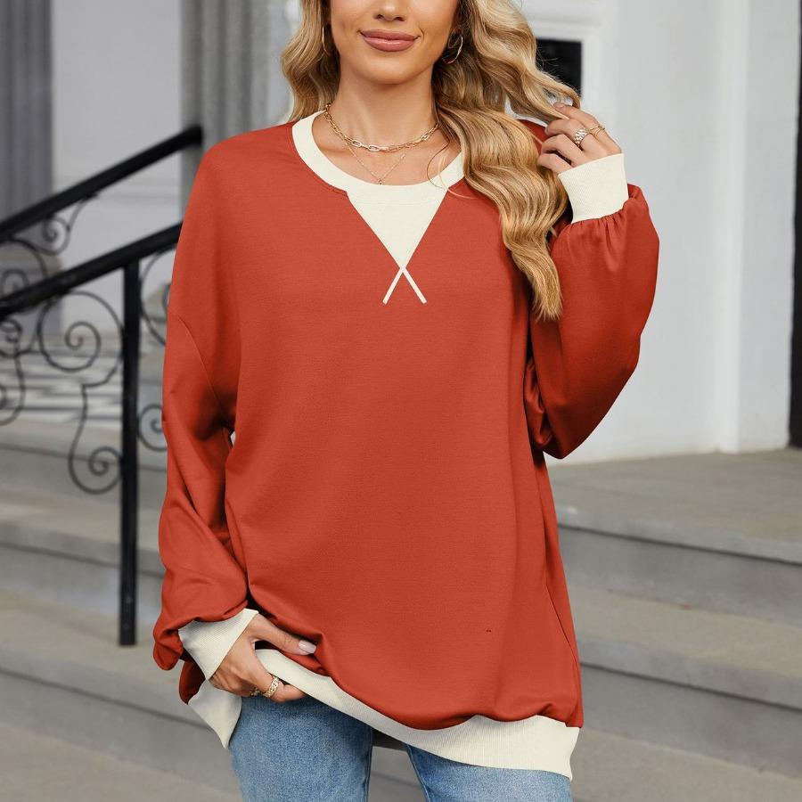 Jesień Zima Swetry i Bluzki z Długim Rękawem Damskie Kontrastowy Kolor Okrągły Dekolt Luźna Bluza Plus Size