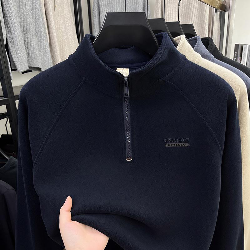 - "Warm Wool Sherpa Fleece Half-Zip Sweatshirt with Stand Collar - Double-Sided Velvet for Autumn/Winter"