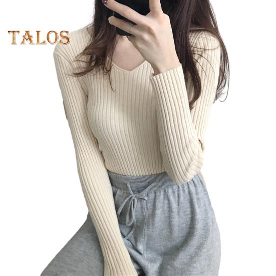 Moteriški viršūnės V formos iškirpte ilgomis rankovėmis Slim Fit megztinis megztinis Vienspalvis megztinis su rumbuota apačia Elastingas trikotažas