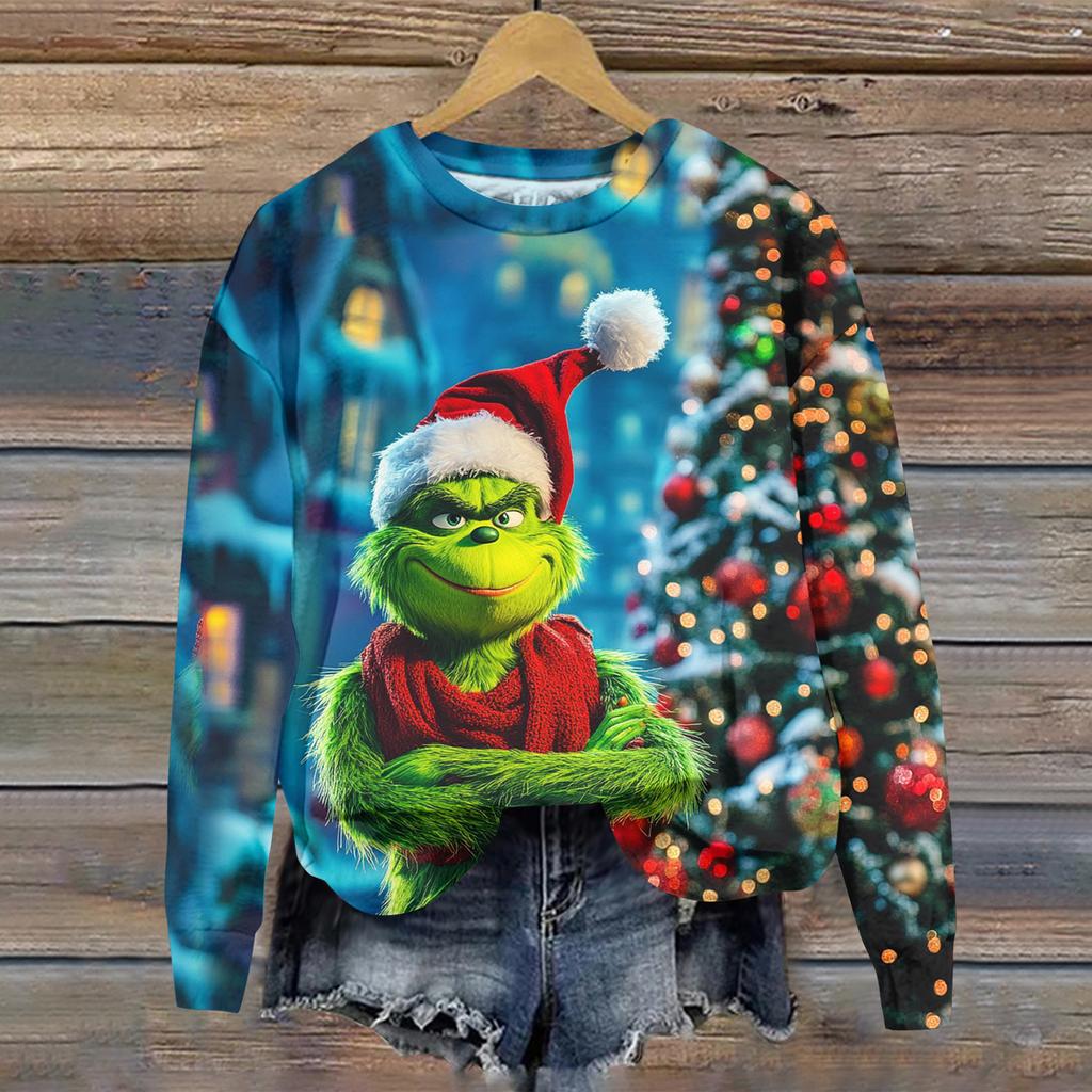 Ladies' Christmas Greentown Print Casual Long Sleeved Round Neck Sports Hoodie Top