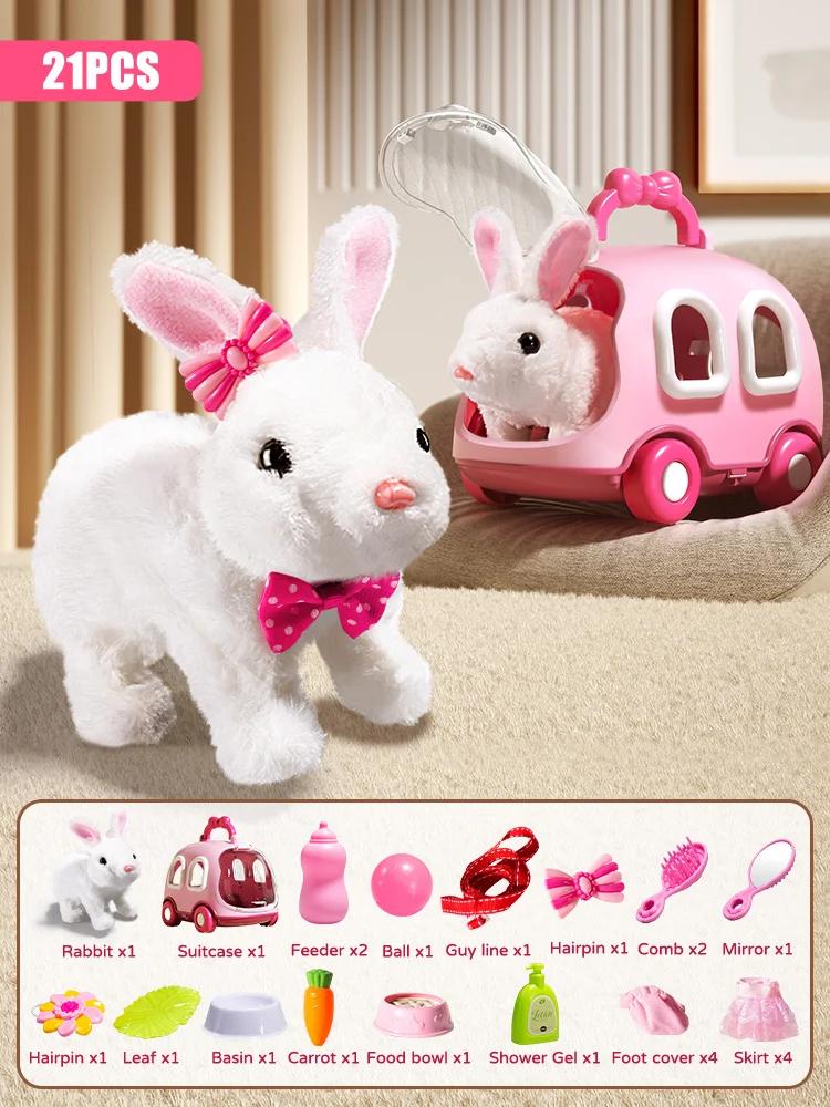 Children Electric Simulation Bunny Plush Toy Girl Pet Cute White Rabbit Doll With Sound Animal DIY Change Clothes Game for Kids