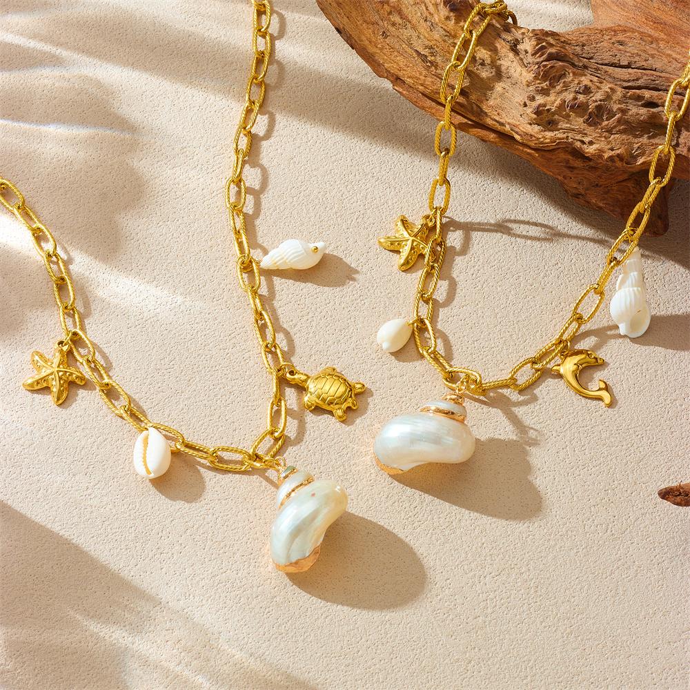DIEYURO 316L Stainless Steell Pearl Starfish Imitation Shell Necklace For Women New Fashion Ocean Neck Chain Jewelry Gift