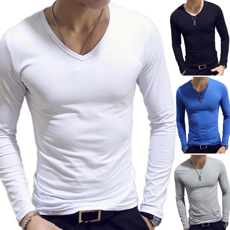 Elastic Mens T-Shirt V-Neck Long Sleeve Men T Shirt For Male Cotton T-Shirts Man Clothing TShirt Top Tees