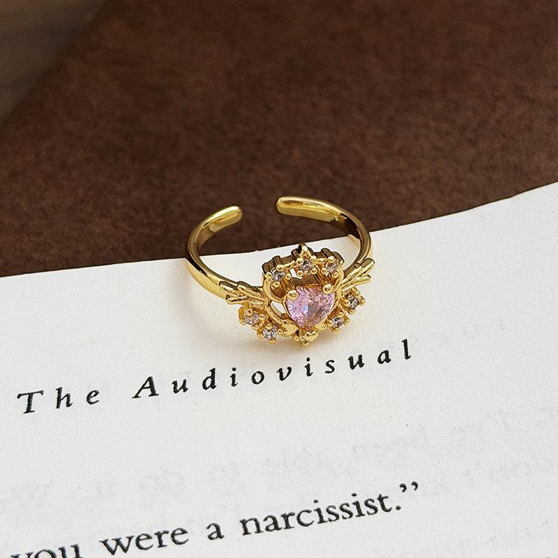 Light Luxury Dream Girl Heart Pink Love Colored Treasure Zircon Rabbit Wing Open Ring Starlight Stacked Index Finger Ring