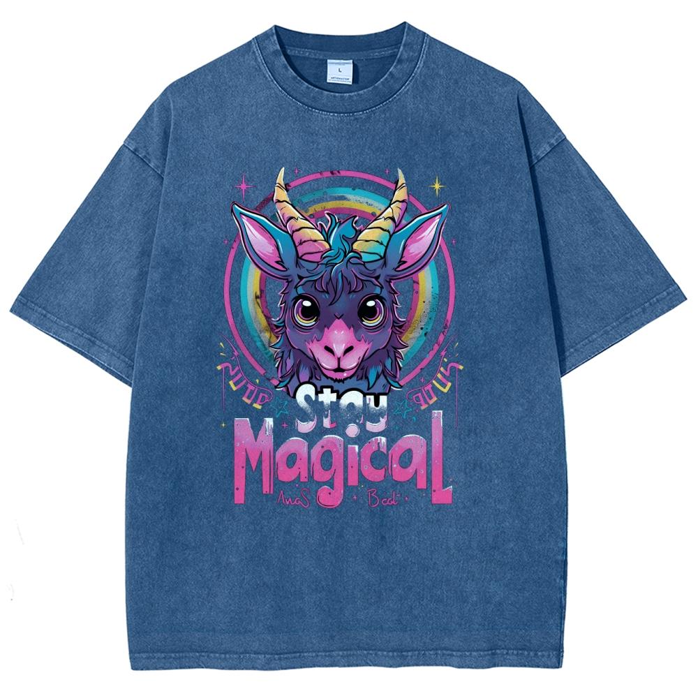 Magic Cartoon Animal Print Women Wash T-Shirt Unisex Oversized Cotton Couple Half Sleeve High Street Pop Top Teen Tees