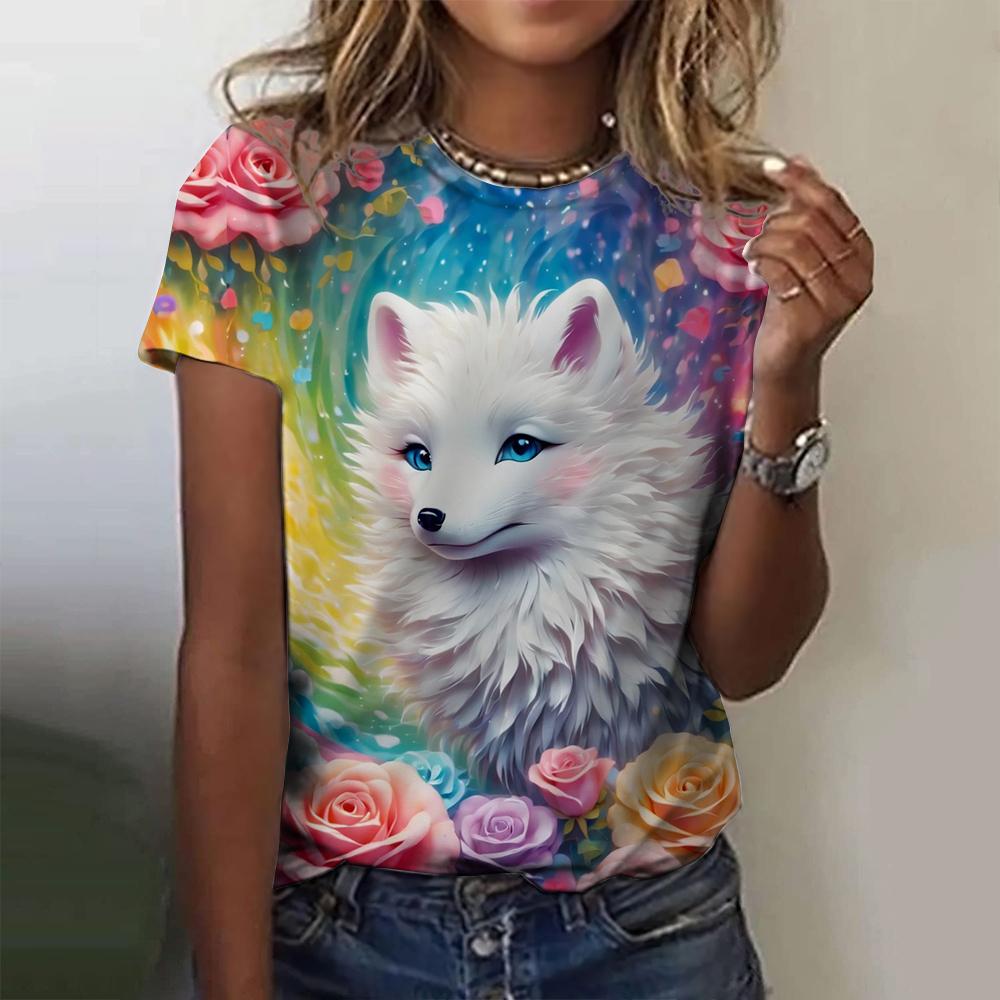 3D Printed Fox Pattern Women's T-shirt Summer Casual Round Neck Top Short Sleeve Loose T-shirt Daily Outing Short Sleeve