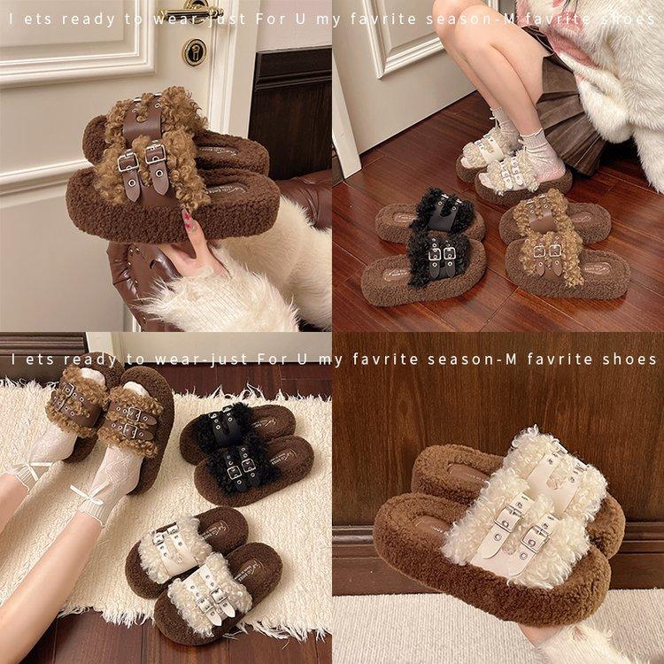 Thick-bottomed Fluffy Slippers for Women's Outer Wear 2025 New Belt Buckle Autumn and Winter Retro One-word Drag Soft-bottomed Cotton Drag for Women