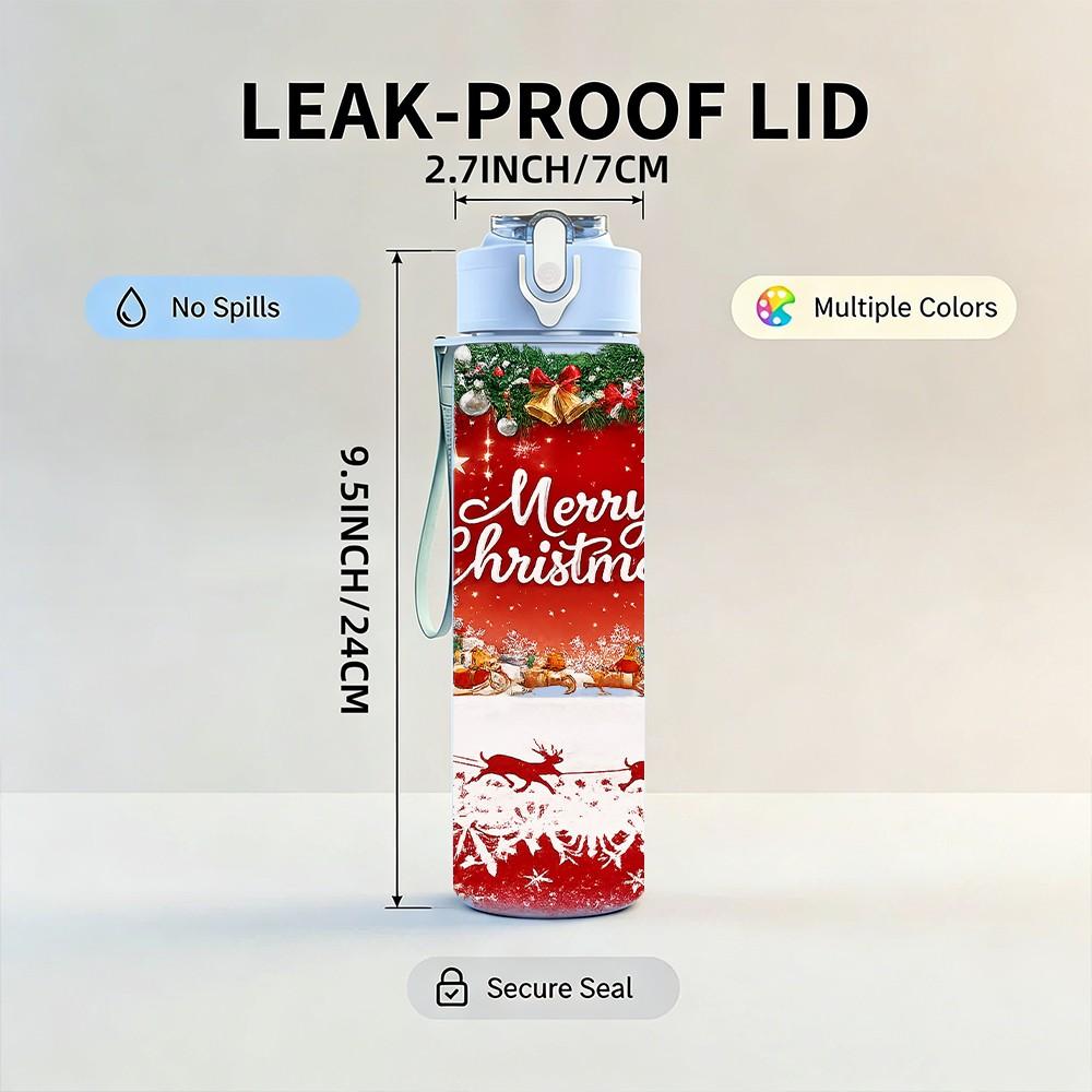 1PC Merry Christmas Red Festive Print 750ml Color Plastic Sports Water Bottle Leakproof Flip Straw Lid Suitable for Sports Office Home Use