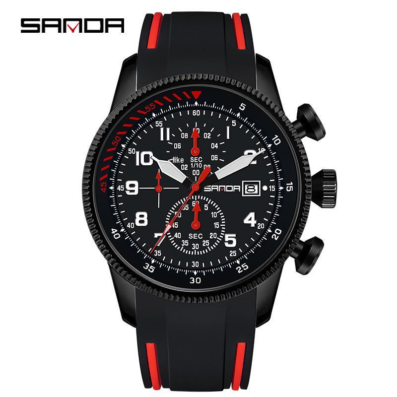 Sanda Silicone Calendar Men s Wristwatch with Three-Eye Six-Hand Design