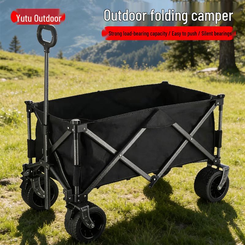 Folding Portable Camping Cart for Outdoor Adventures Flat Small Black with Tank Wheels