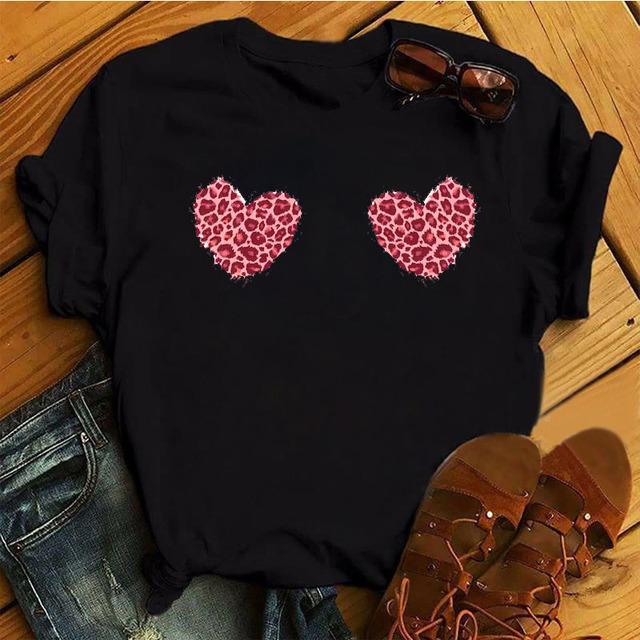 New Women Black T Shirt Feather Flower Love Heart Printed Tops Ladies Female Cute Graphic Tee Shirts Women O-Neck T-Shirts Tops