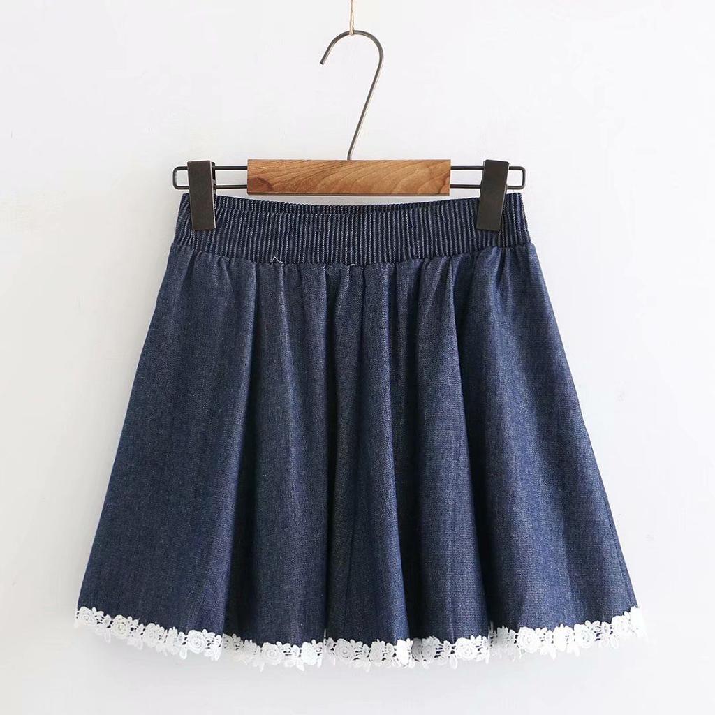 Female Elastic Waist Sweet Lace Patchwork Denim Short Skirt A-line Skirt Half Body Skirt Female