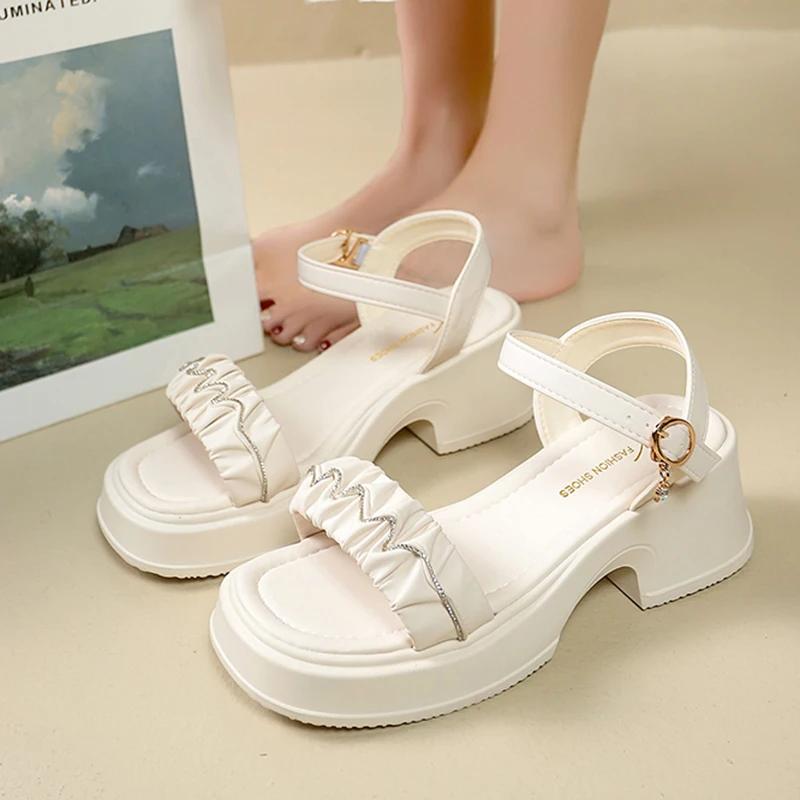 Fashion Pleated Pu Leather Platform Sandles Women 2025 Fashion Crystal Thick Sole Sandals Woman Ankle Strap High Heeled Sandals Female
