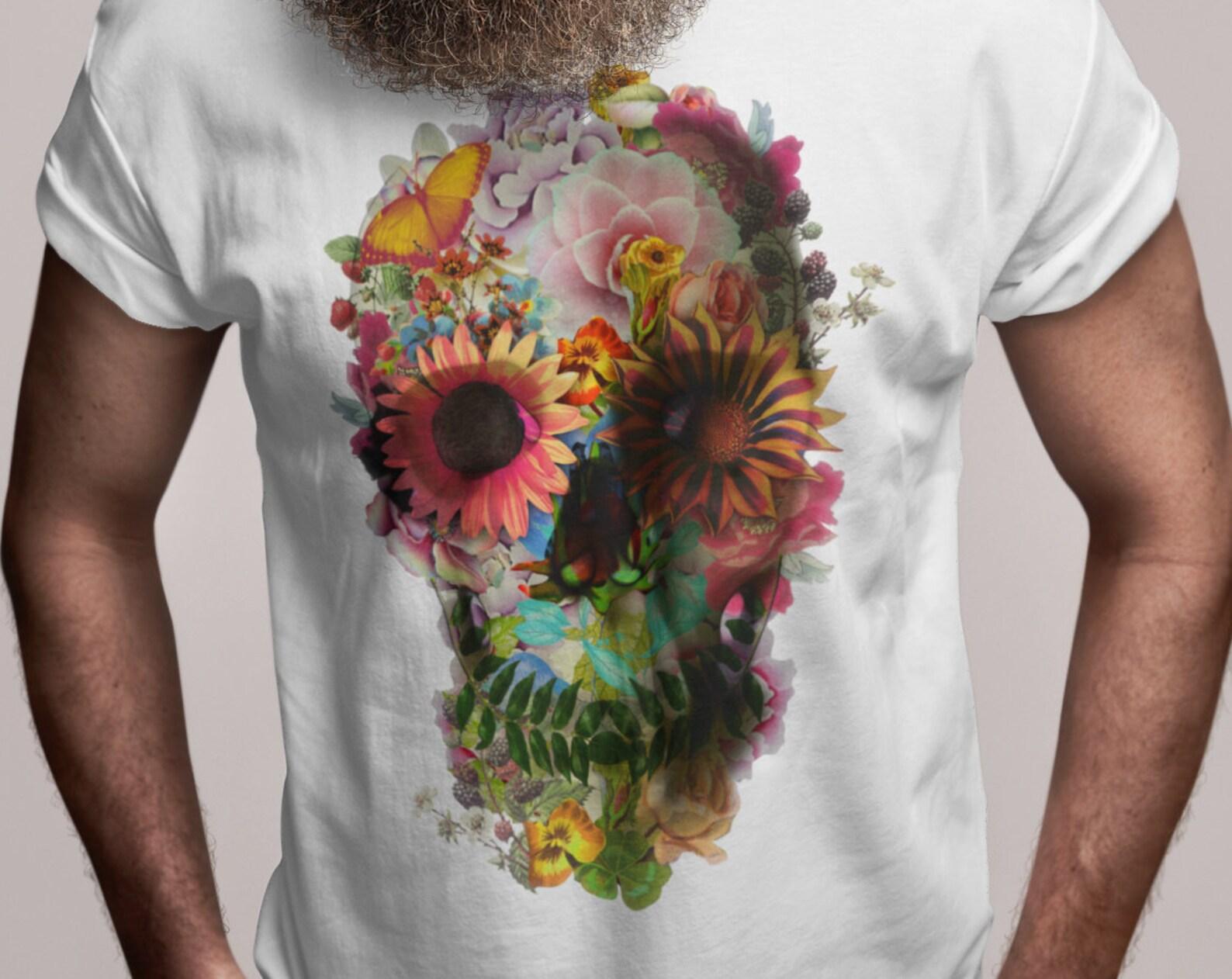 Floral Skull Men s T-Shirt: Boho Sugar Skull Graphic Tee S