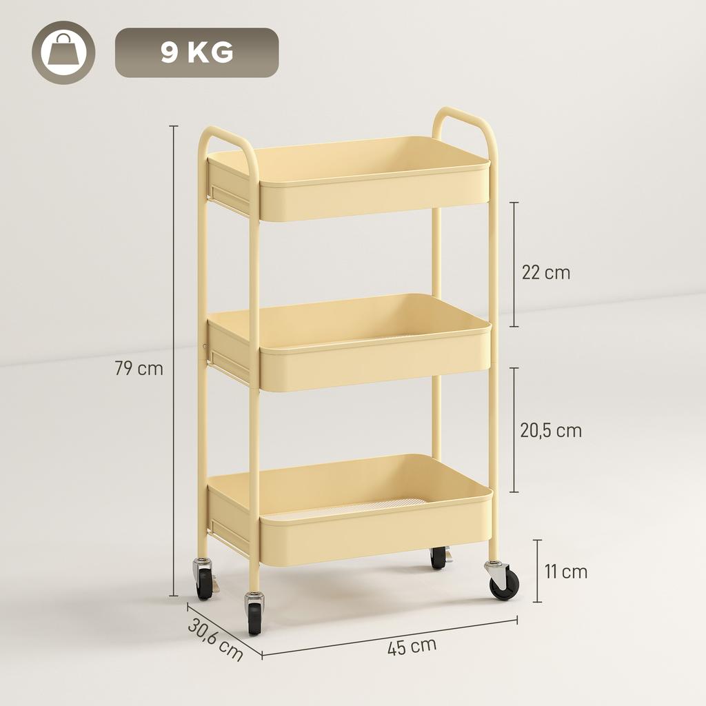 Serving Cart, Steel Trolley, 3 Perforated Shelves, 45 x 30.6 x 79 cm, Yellow
