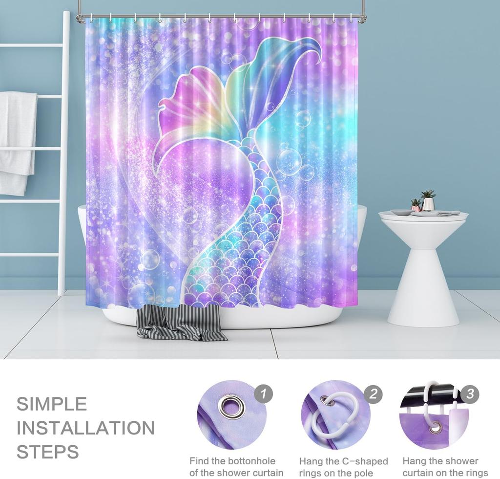 Mermaid Shower Curtain, Mermaid Tail Bubbles Shower Curtains Waterproof Showercurtain Set With Hooks Polyester Fabric Machine Wa