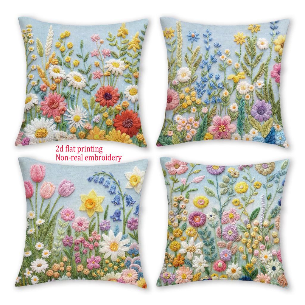 1/4pcs Spring Wildflower Throw Pillow Covers 2D Flat Printed Floral Cushion Cases For Sofa Bedroom Living Room Decor