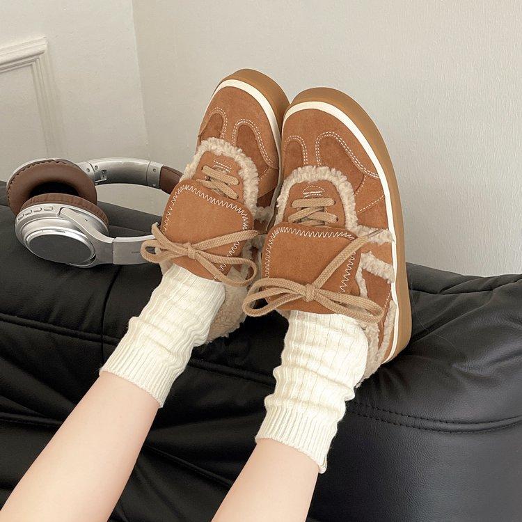 Retro versatile lace-up leather training shoes women's new lamb wool plush warm wool shoes casual sports board shoes