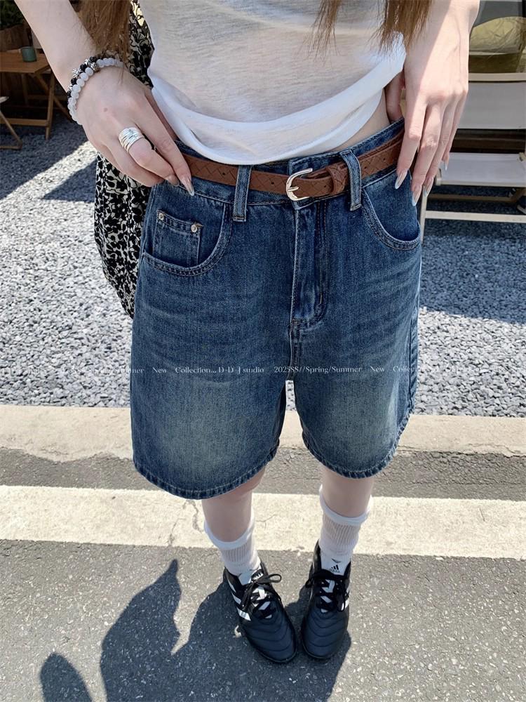 2025 Summer Women's Retro Blue High Waist Straight Leg Jeans - Versatile Petite Five-Point Shorts