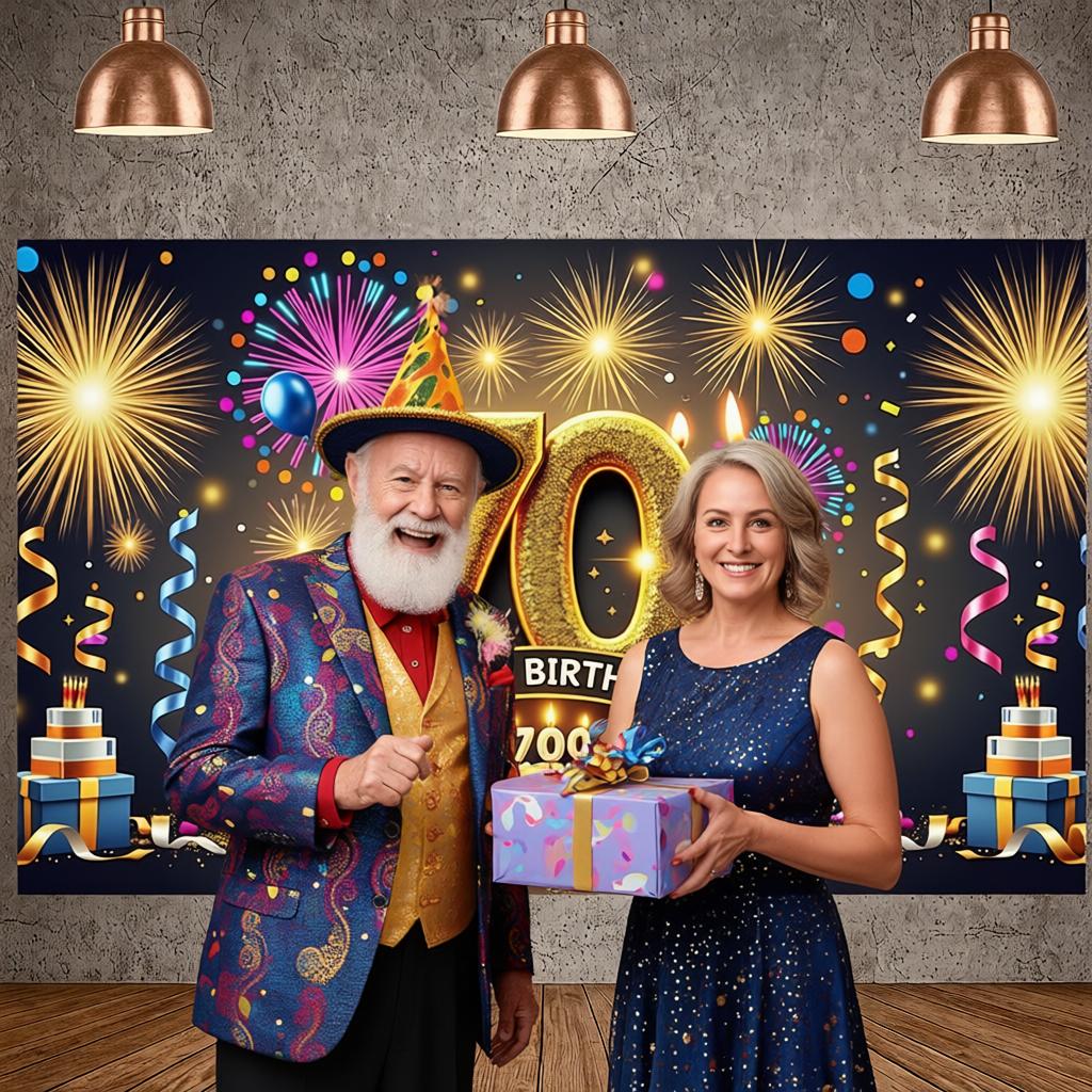 70th Birthday Banner Happy Birthday Display Golden Glitter Firework Pattern Birthday Backdrop for 70th Indoor Party Decoration