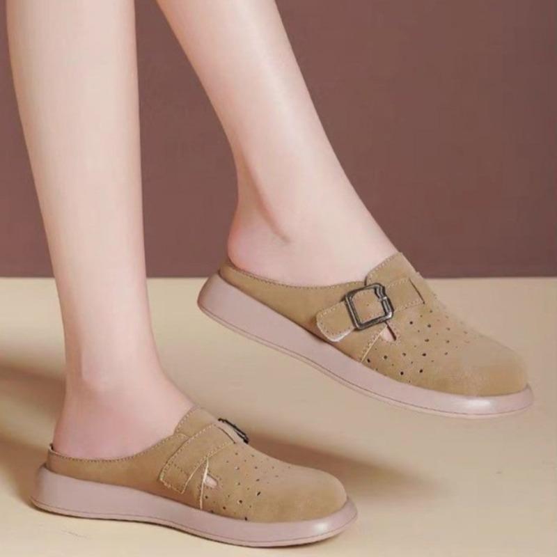 Fashion Spring New Baotou Slippers Women's Fashion Round Head Suede Metal Buckle Thick Soles Anti-slip Wear-resistant Flat Shoes