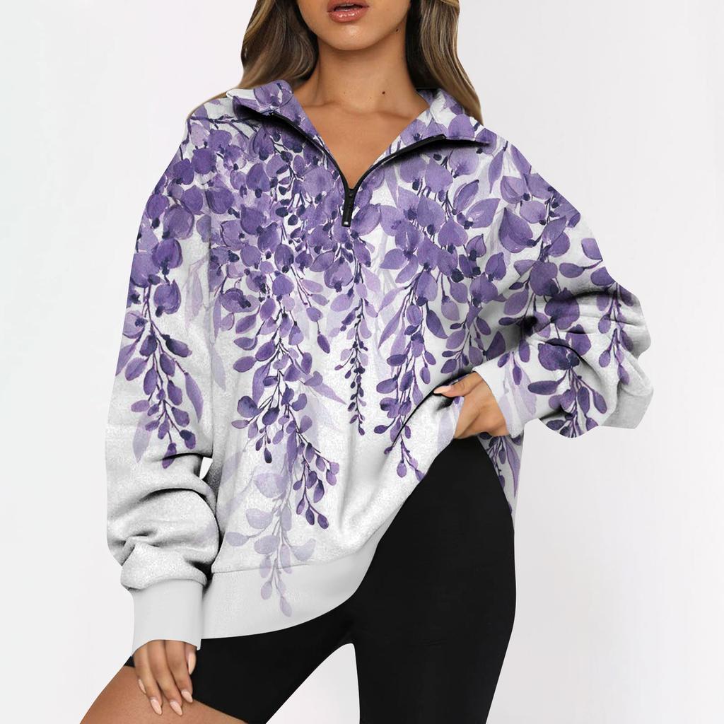 Top pentru damă, ocazional, cu mânecă lungă, cu imprimeu de flori, cu fermoar supradimensionat