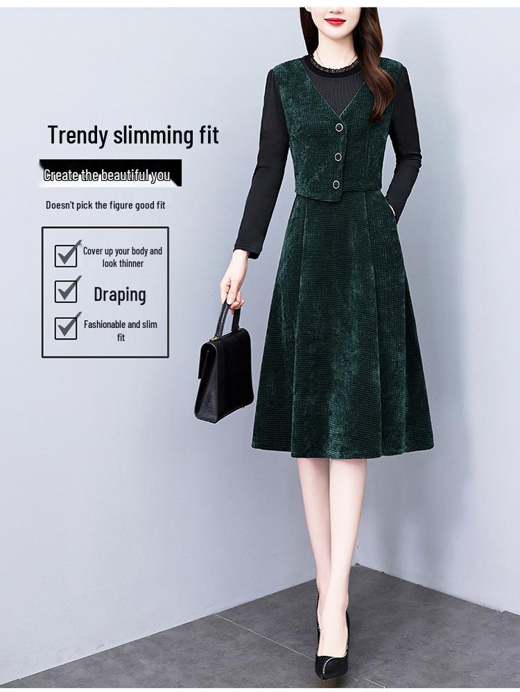 2026 Fall/Winter Elegant Versatile Long-Sleeve Faux Two-Piece Slimming Mid-Length Skirt