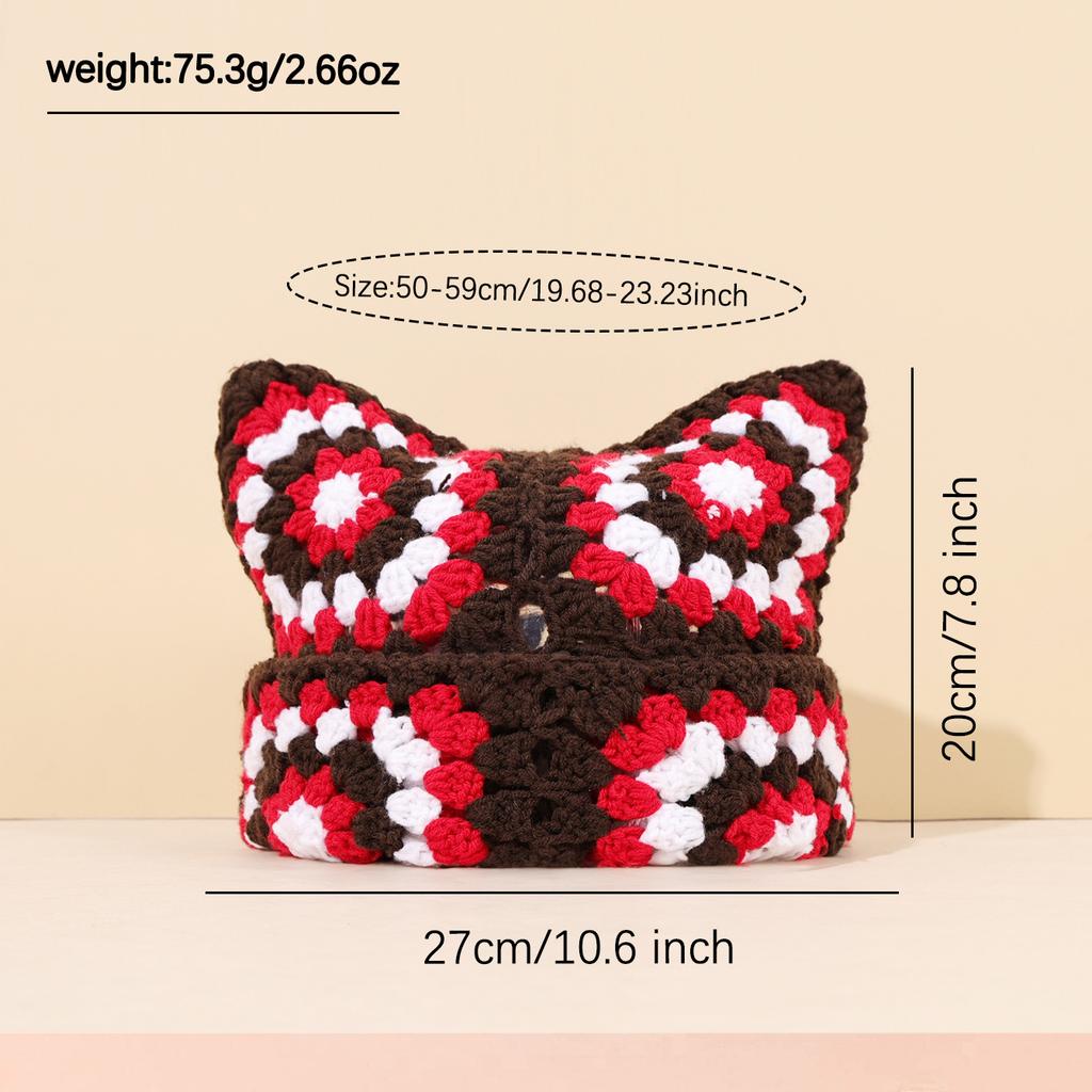 New Handmade Knitting Halloween Versatile Fashion Multi-Color Grandmother Grid Cat Ear Hat Adult Hat