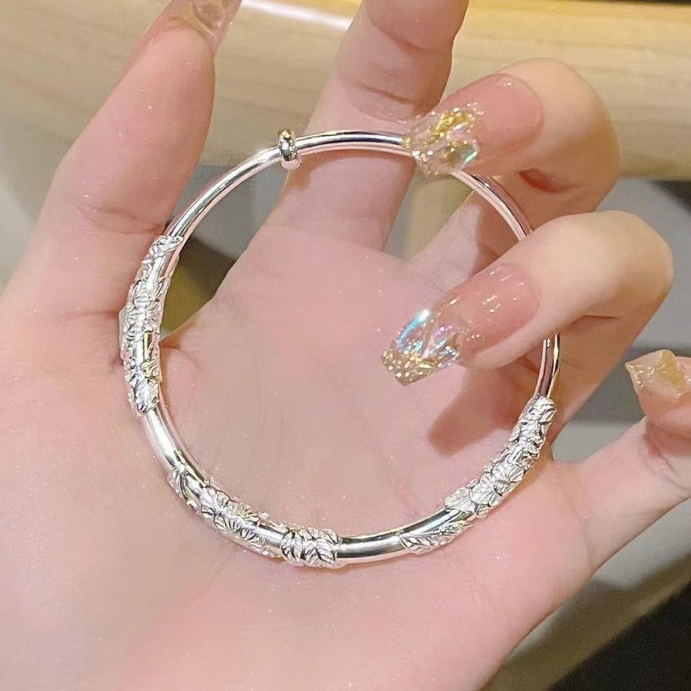 Alloy Bracelet Chinese Style Silver Flower Emboss Women's Bangle Adjustable Wrist Jewelry Lightweight Anniversary Gift Wristband