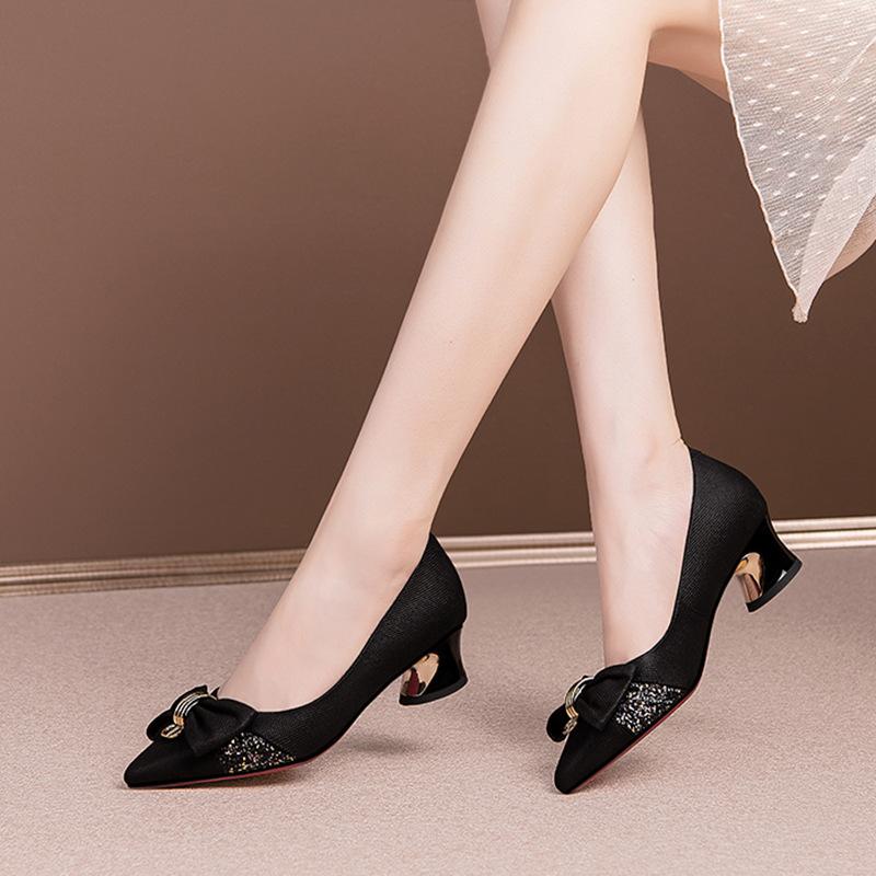 French Pointed Bow Thick Heel Single Shoes Women's 2025 New Niche Fashion Temperament Comfortable Medium Heel Women's Shoes Ladyshoes