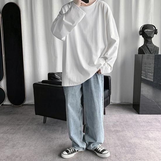 Men T-shirt Long Sleeve O Neck Solid Color Loose Pullover Warm Soft Plus Size Men Spring Top for School