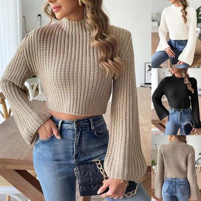 Damen, Kurzes Crop-Top, Gestrickter Pullover, Herbst- und Winter-Neuer Stil, Ausgestellte Ärmel, Halbhoher Kragen, Pullover