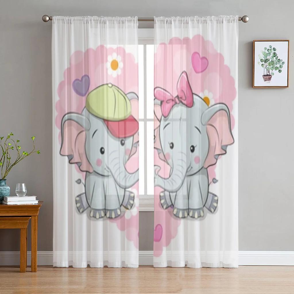 Cartoon Little Elephant With Star And Moon Sheer Curtains For Living Room Window Transparent Voile Tulle Curtain Bedroom Drapes
