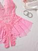New Sexy Crotchless Pink Lingerie Women Set Lace Patchwork Hollow Bodysuit Erotic Pajamas Teddy Babydoll Dress Deep V Open Bra