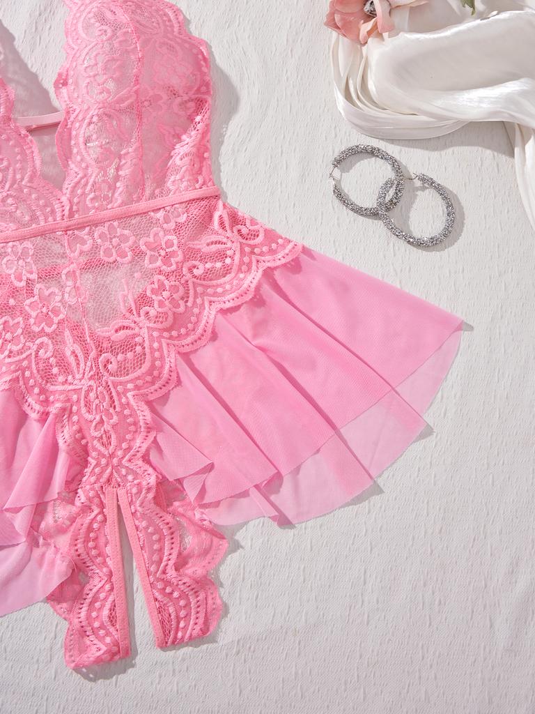 New Sexy Crotchless Pink Lingerie Women Set Lace Patchwork Hollow Bodysuit Erotic Pajamas Teddy Babydoll Dress Deep V Open Bra
