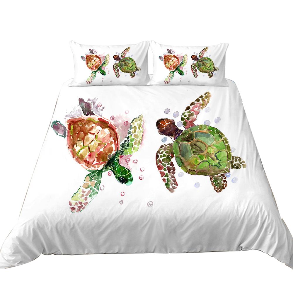 3D Hvit Sengetøysett Skilpaddeprint Dynetrekk Putetrekk Dobbeltseng Full Size Sengeteppe Sett Vaskbart Komfortabelt Hjemmedekorasjon