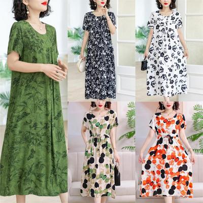 Neues Sommerkleid aus Baumwolle und Seide für Mütter, Mode für Frauen mittleren Alters, Übergröße, Rock im floralen Stil für Frauen mittleren und höheren Alters