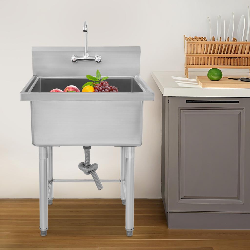 Single Basin Commercial Sink with Faucet, 304 Stainless Steel Freestanding Kitchen Sink, 27x24x40.5 In Bar Restaurant Prep Sink