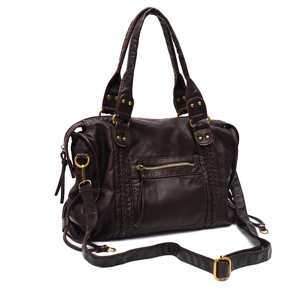 Vintage Washed PU Leather Large Capacity Tote Zip Pockets Braid Decor Shoulder Cross body Bag Unisex Women Daily Travel Handbag
